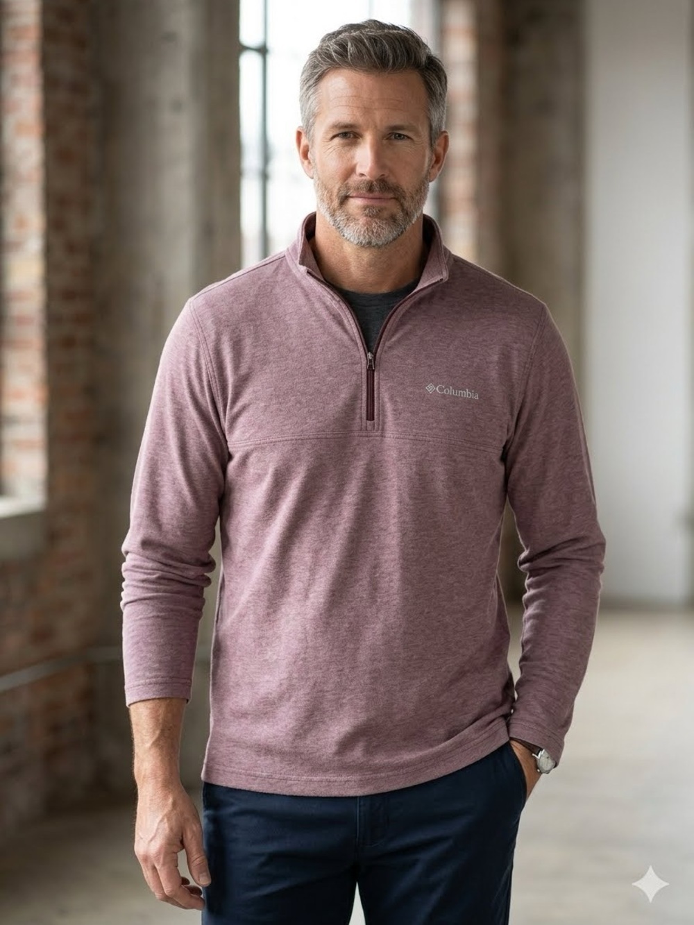 Columbia | Quarter Zip Long Sleeve Pullover in Heathered Maroon Size Large